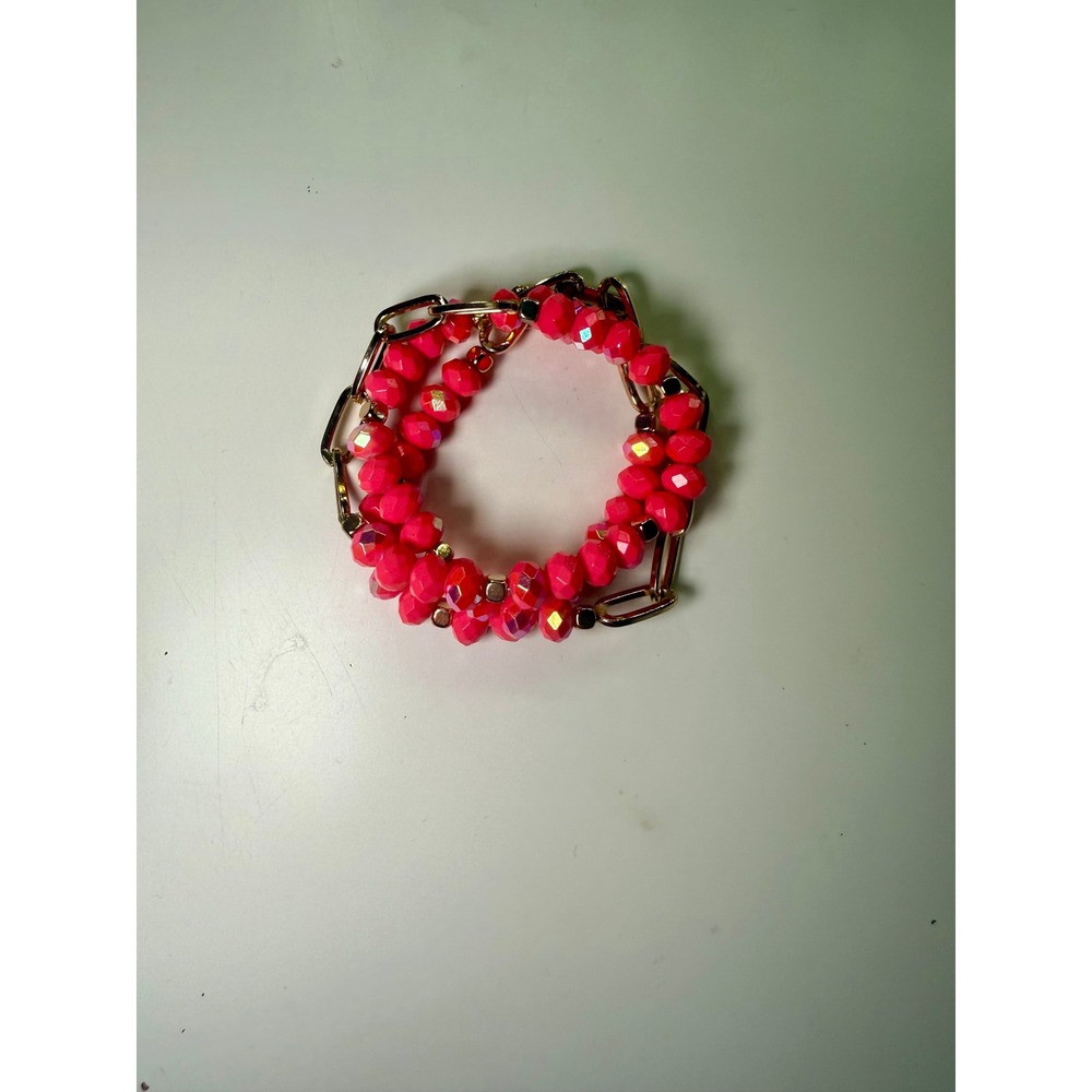 Set of 3 Neon Pink Faceted Bead and Gold Tone Paperclip Chain Stretch Bracelets